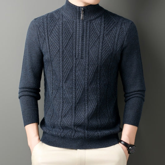 KZZ Men's solid color quarter-zip stand collar knit long-sleeved top