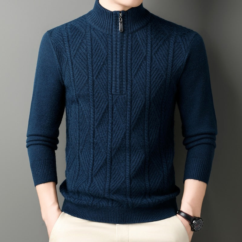KZZ Men's solid color quarter-zip stand collar knit long-sleeved top