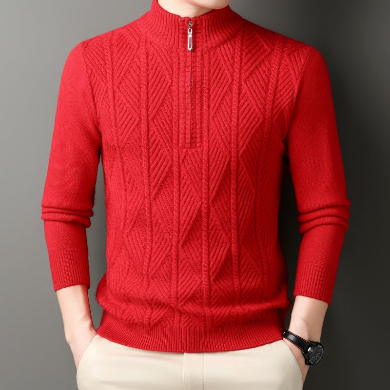 KZZ Men's solid color quarter-zip stand collar knit long-sleeved top
