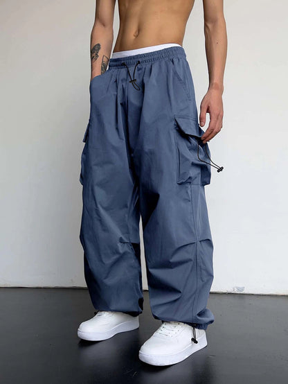 KZZ Loose Solid Pocket Drawstring Waist Overalls