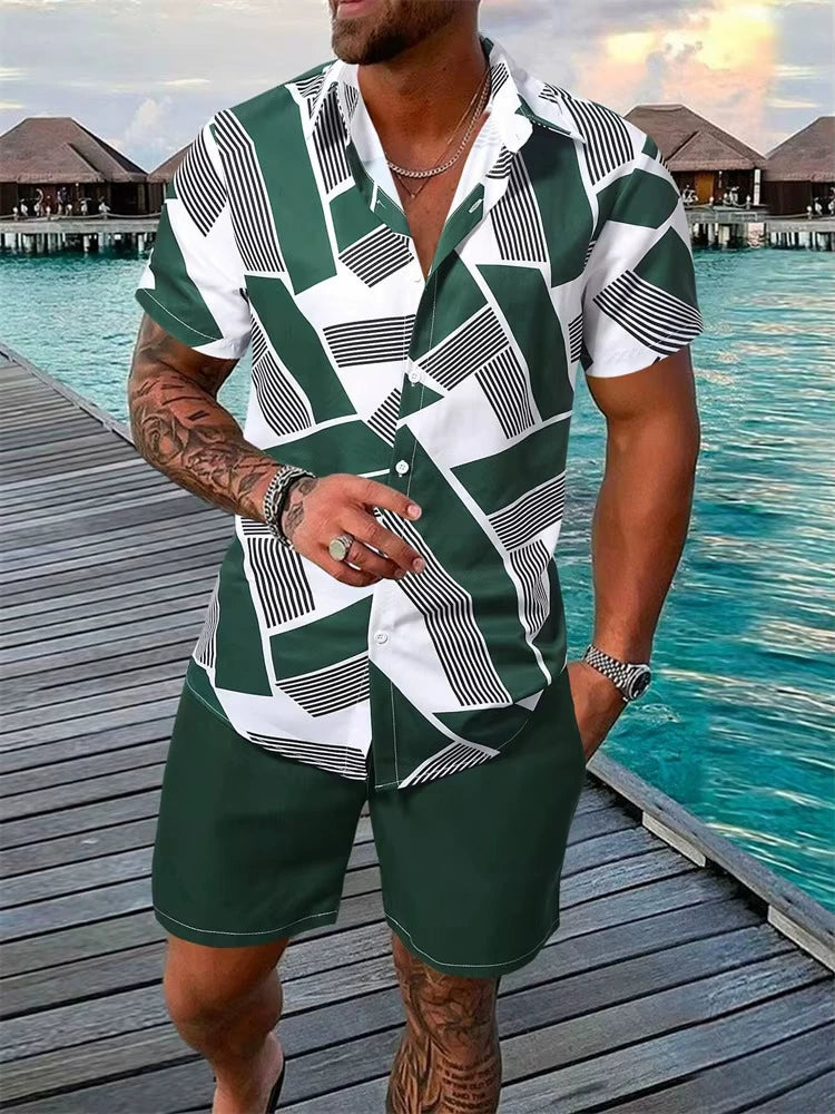 KZZ Men's Geometric Print Shirt & Shorts Two-piece Set