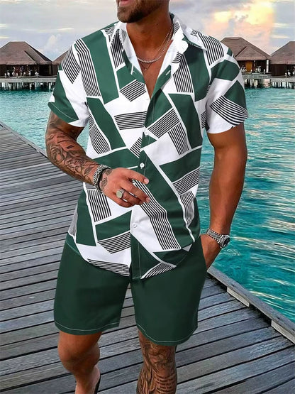 KZZ Men's Geometric Print Shirt & Shorts Two-piece Set