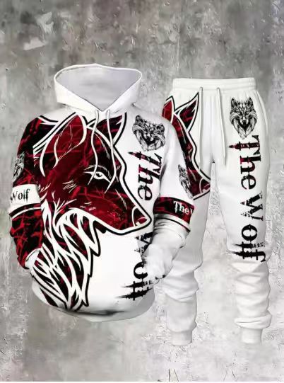 KZZ Men's 3D Wolf-Print Hoodie and Sweatpants Two-Piece Set