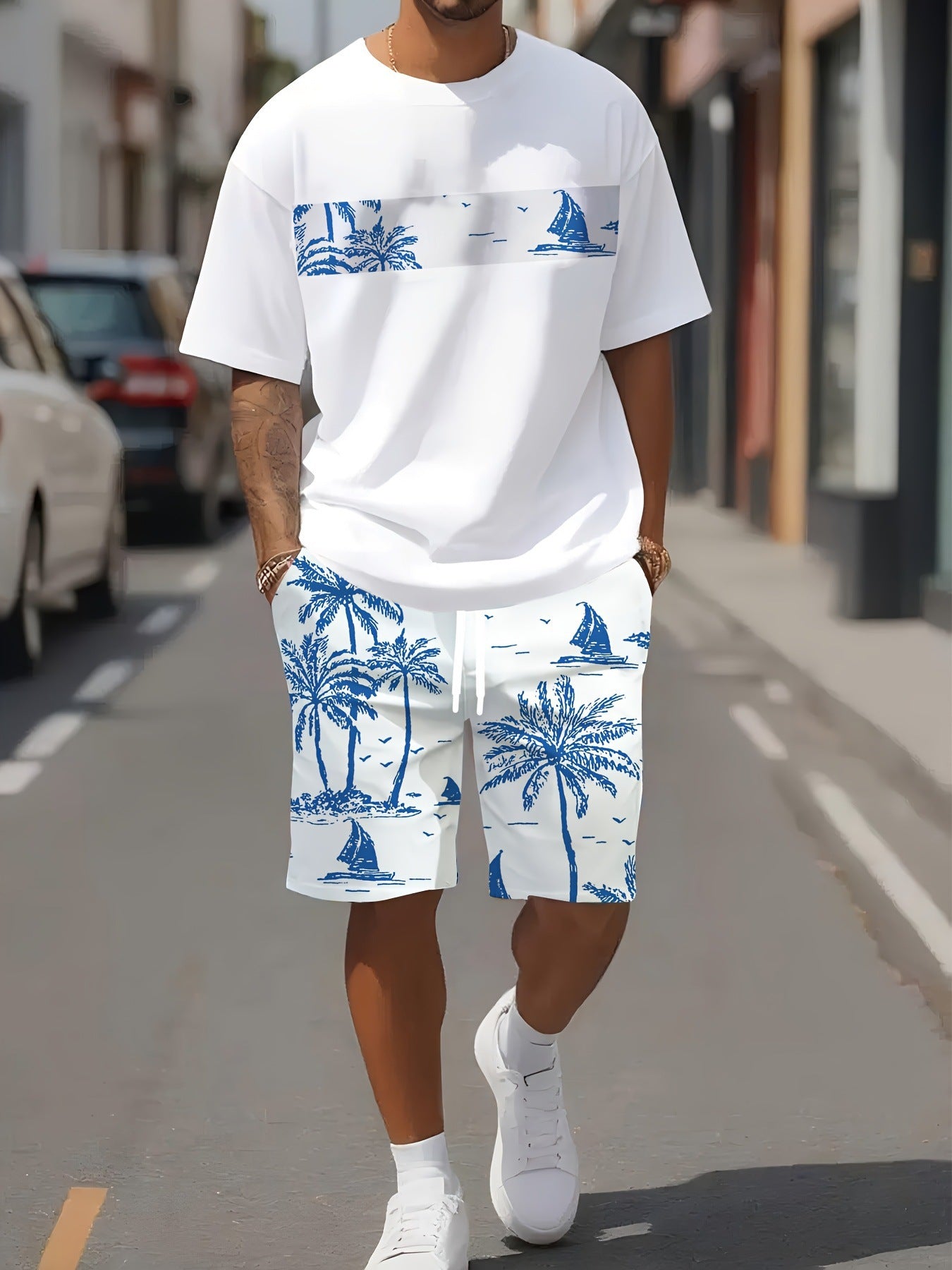 KZZ Men's Tropical Palm Tree Print Short-Sleeve Shirt and Shorts Set