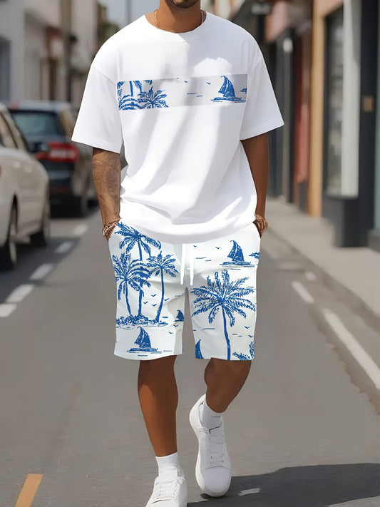 KZZ Men's Tropical Palm Tree Print Short-Sleeve Shirt and Shorts Set