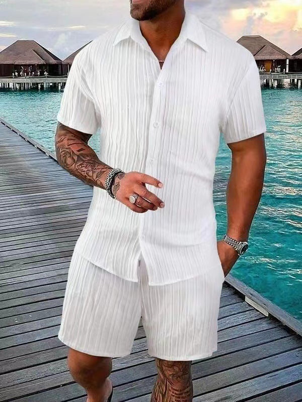 KZZ Men's Textured Crinkle Camping Shirt & Shorts Set