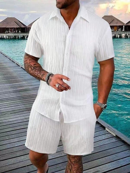 KZZ Men's Textured Crinkle Camping Shirt & Shorts Set