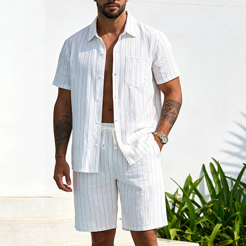 KZZ Men's Summer Striped Linen Shirt and Straight-Leg Shorts Set