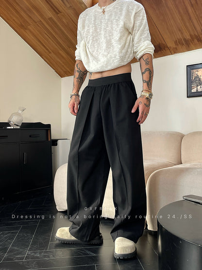 KZZ Men's Solid-Color Pleated Loose-Fit Wide-Leg Dress Trousers