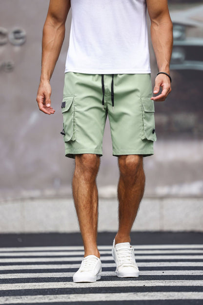 KZZ Men's Solid-Color Cargo Shorts with Flap Pockets
