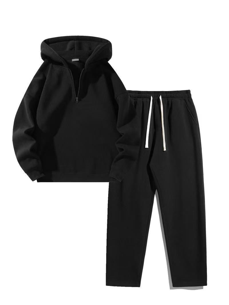 KZZ Men's solid color half zipper hooded casual pants two-piece set