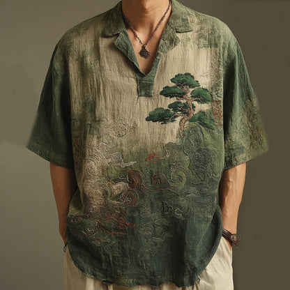 KZZ Short-Sleeve Polo Shirt with Landscape Pattern
