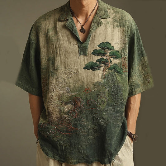 KZZ Short-Sleeve Polo Shirt with Landscape Pattern