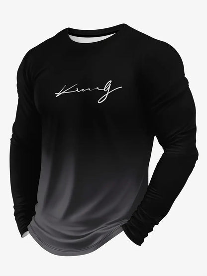 KZZ Men's Casual Long Sleeve T-Shirt, Gradient Color Round Neck, Letter Print Design