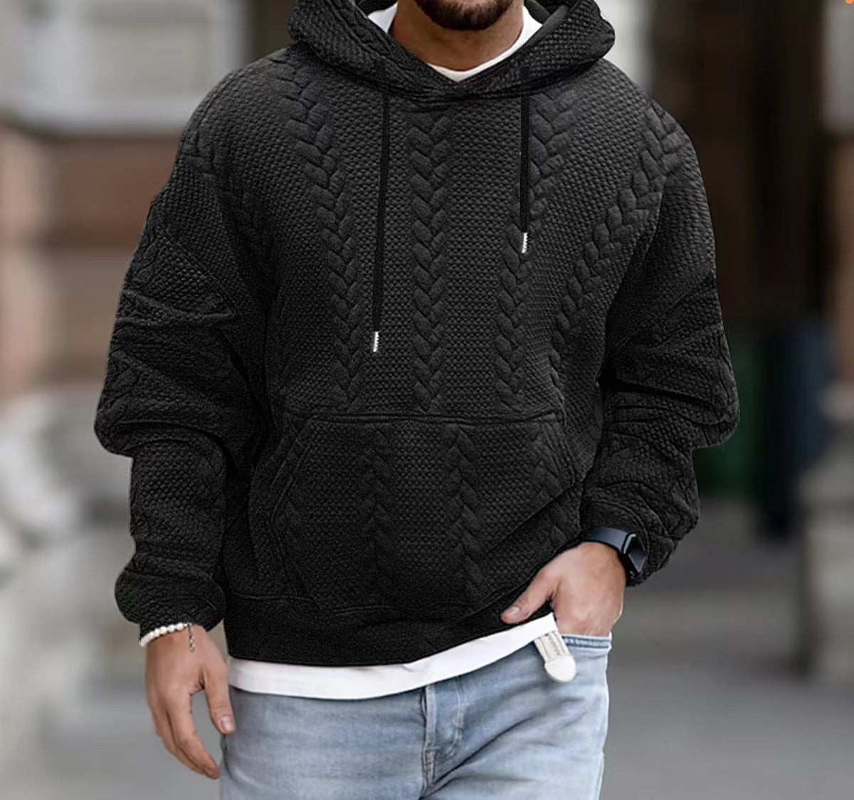 KZZ Men's Solid Color Textured Drawstring Hooded Sweatshirt