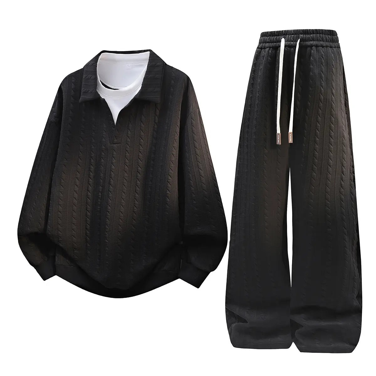 KZZ Men's Casual Sports Suit Jacquard Texture Long Sleeve Sweatshirt Set
