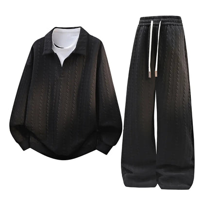 KZZ Men's Casual Sports Suit Jacquard Texture Long Sleeve Sweatshirt Set