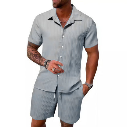 KZZ Men's Textured Crinkle Camping Shirt & Shorts Set