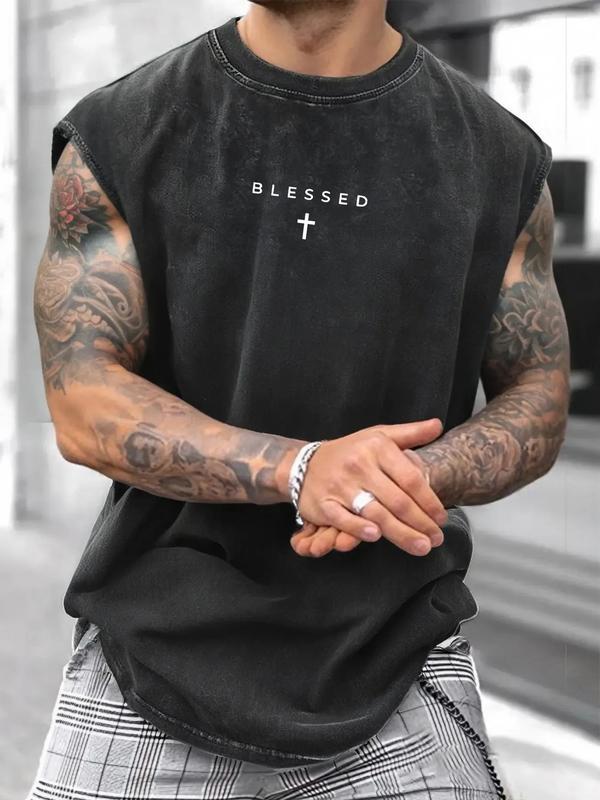 KZZ Men's Loose-Fit, Sleeveless, Printed Cropped T-Shirt