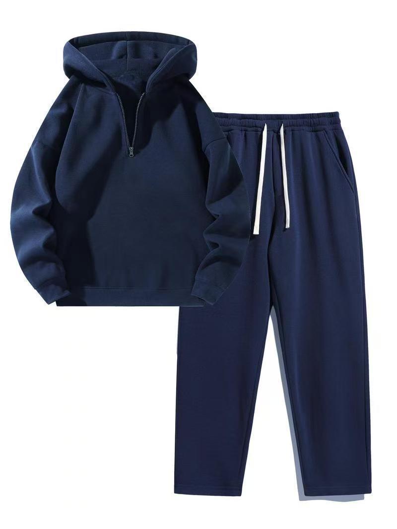 KZZ Men's solid color half zipper hooded casual pants two-piece set
