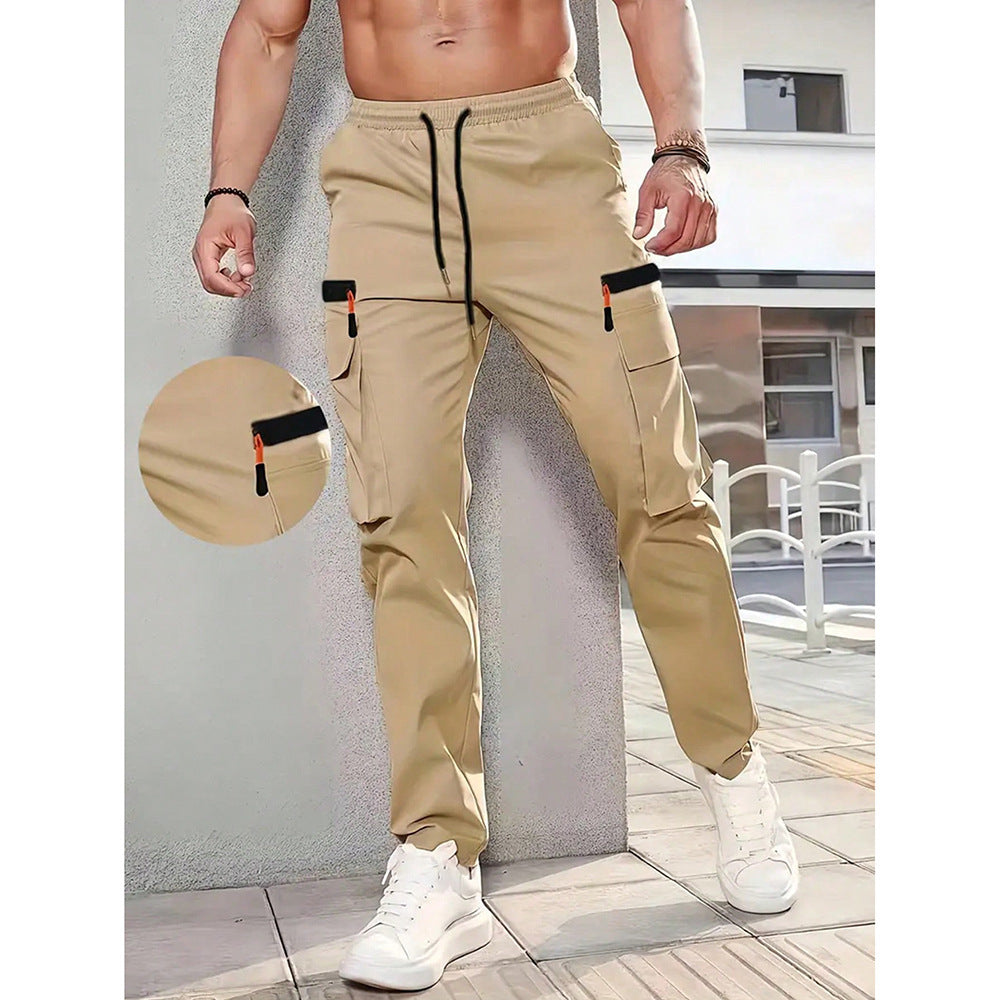 KZZ Men's Solid-Color Cargo Pants with Flap Pockets