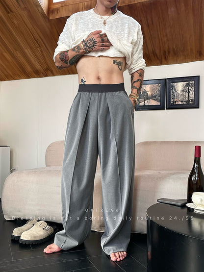 KZZ Men's Solid-Color Pleated Loose-Fit Wide-Leg Dress Trousers