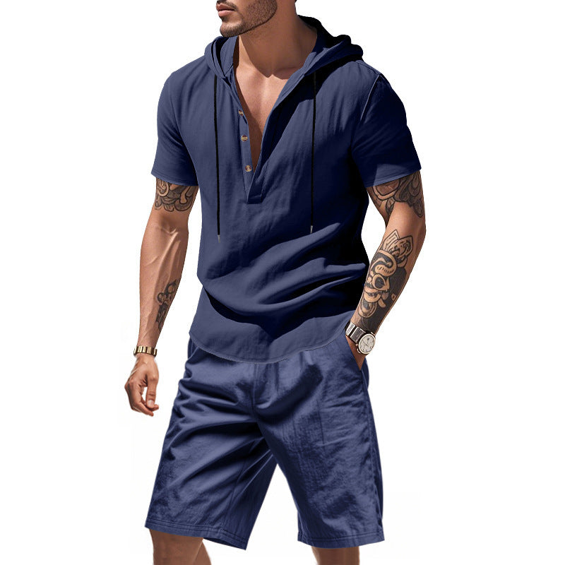 KZZ Men's Linen Hooded Two-Piece Set