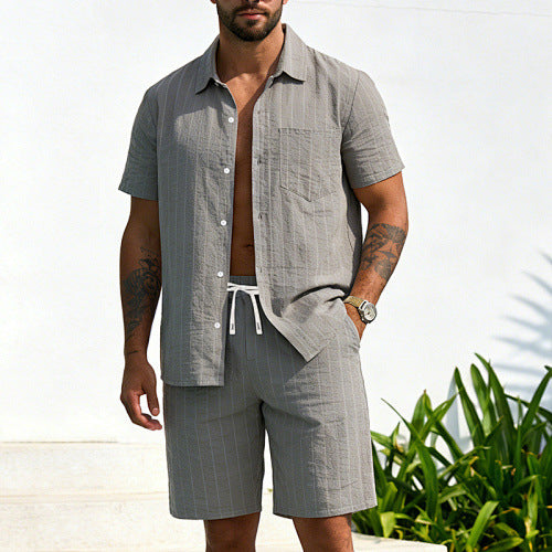 KZZ Men's Summer Striped Linen Shirt and Straight-Leg Shorts Set
