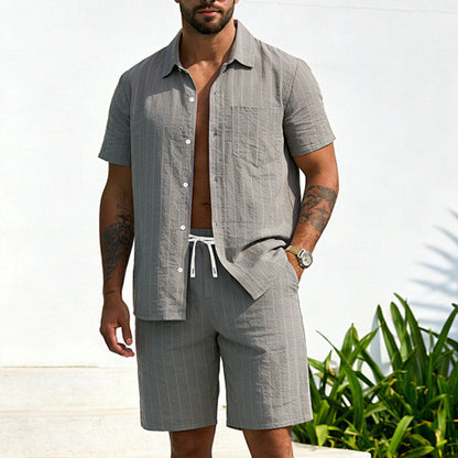 KZZ Men's Summer Striped Linen Shirt and Straight-Leg Shorts Set