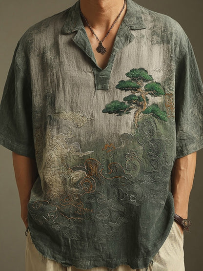 KZZ Short-Sleeve Polo Shirt with Landscape Pattern