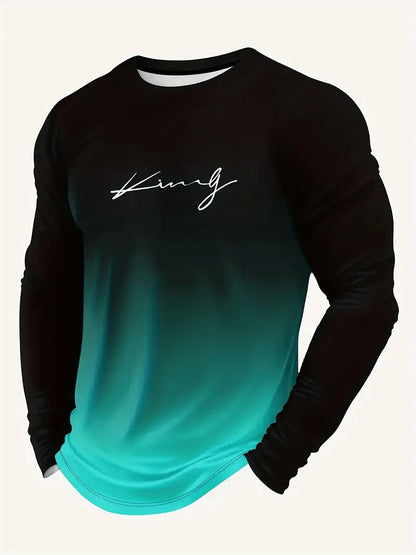 KZZ Men's Casual Long Sleeve T-Shirt, Gradient Color Round Neck, Letter Print Design