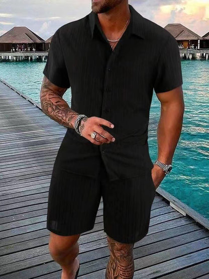 KZZ Men's Textured Crinkle Camping Shirt & Shorts Set