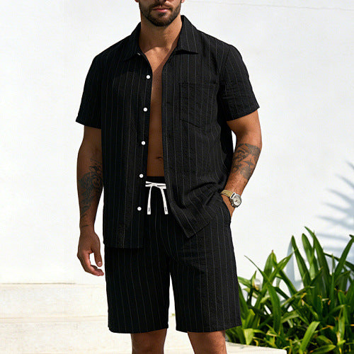 KZZ Men's Summer Striped Linen Shirt and Straight-Leg Shorts Set
