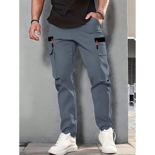 KZZ Men's Solid-Color Cargo Pants with Flap Pockets