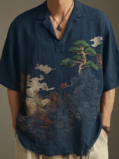 KZZ Short-Sleeve Polo Shirt with Landscape Pattern