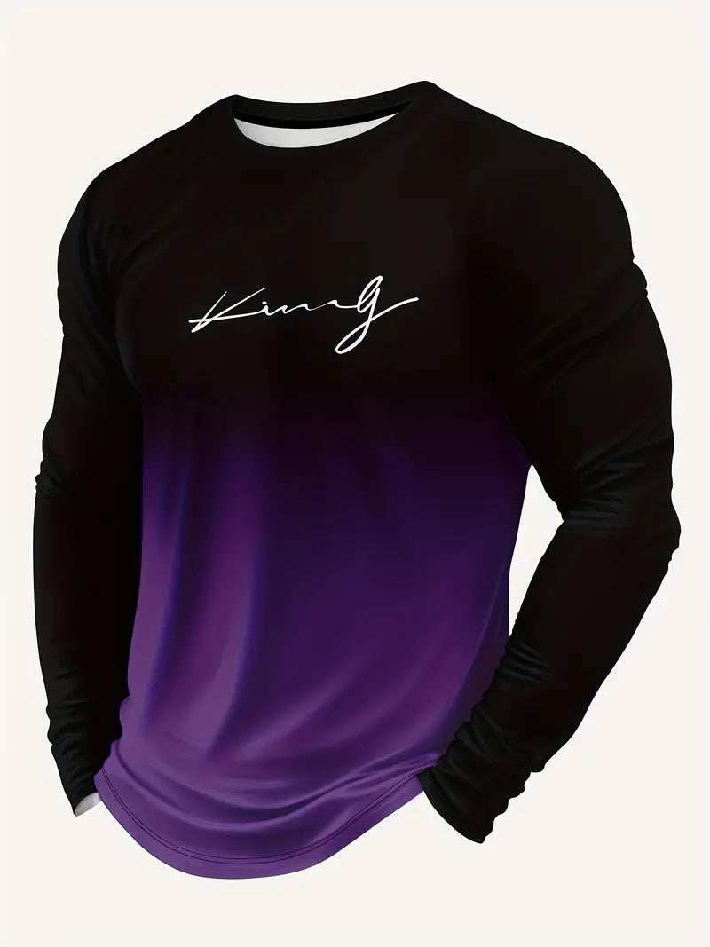 KZZ Men's Casual Long Sleeve T-Shirt, Gradient Color Round Neck, Letter Print Design