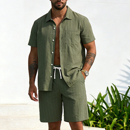 KZZ Men's Summer Striped Linen Shirt and Straight-Leg Shorts Set