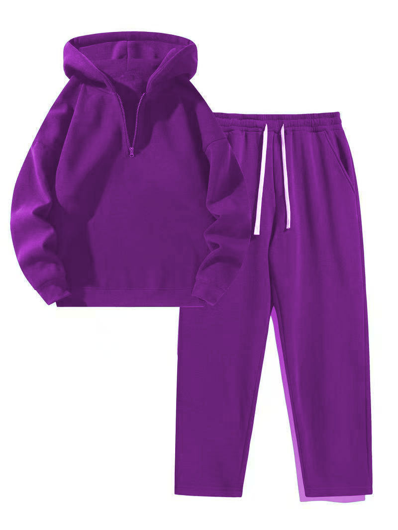 KZZ Men's solid color half zipper hooded casual pants two-piece set