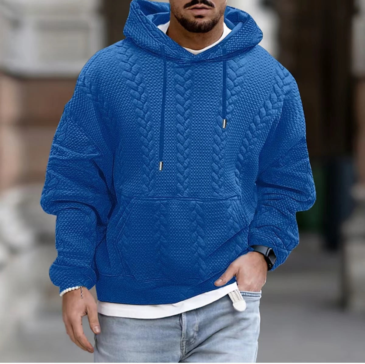 KZZ Men's Solid Color Textured Drawstring Hooded Sweatshirt