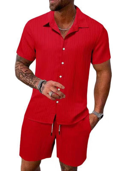 KZZ Men's Textured Crinkle Camping Shirt & Shorts Set