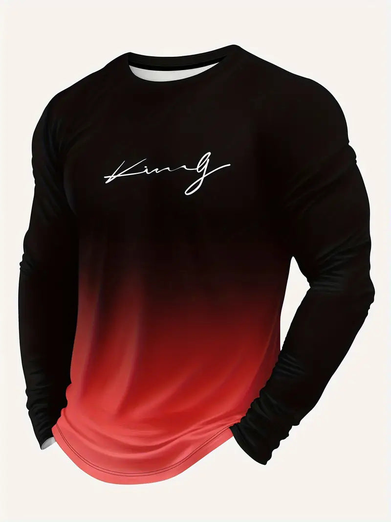 KZZ Men's Casual Long Sleeve T-Shirt, Gradient Color Round Neck, Letter Print Design
