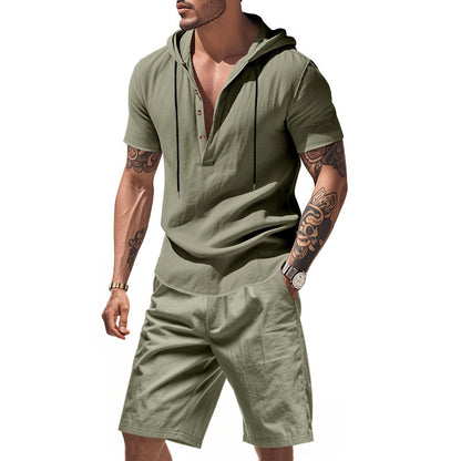 KZZ Men's Linen Hooded Two-Piece Set