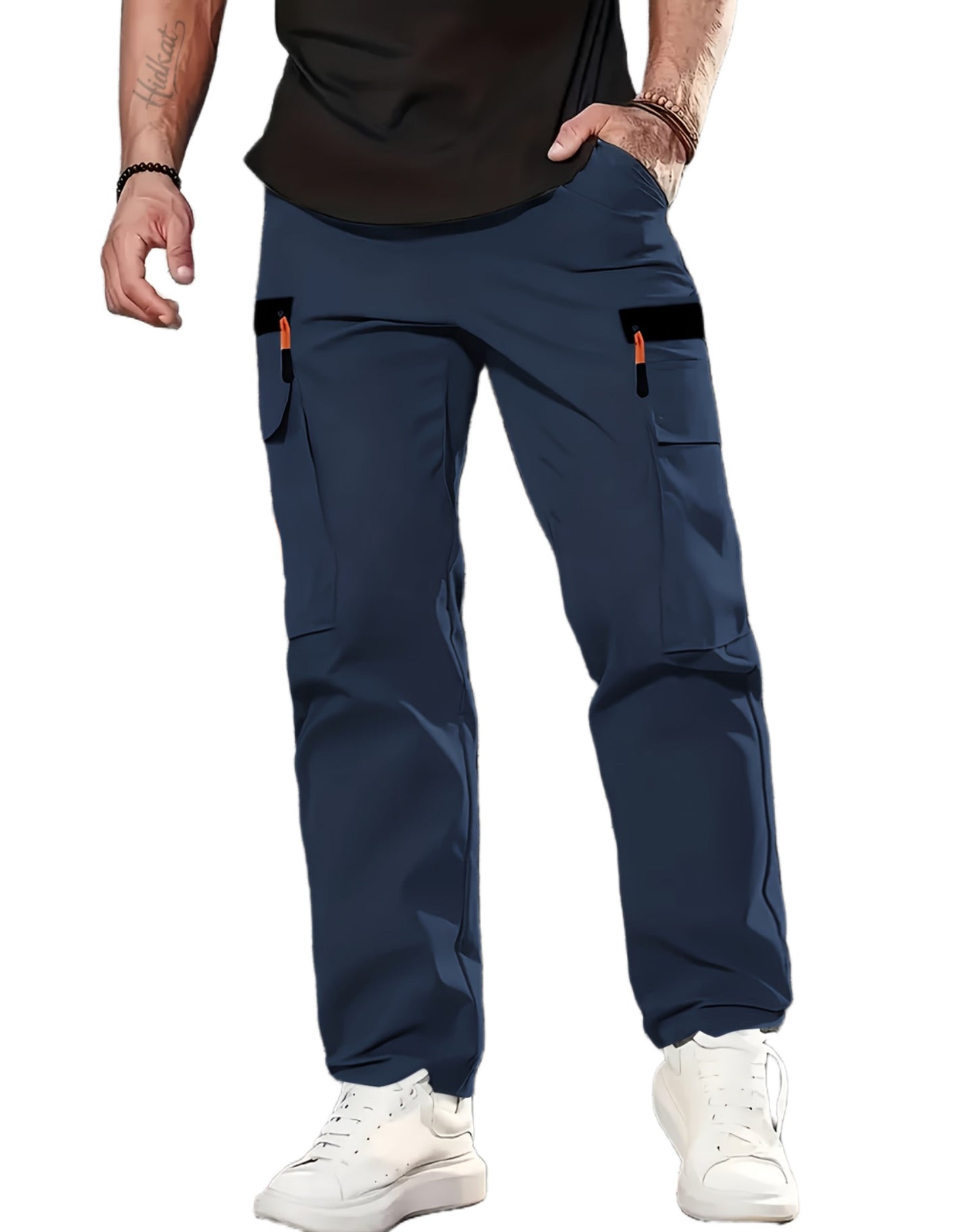 KZZ Men's Solid-Color Cargo Pants with Flap Pockets