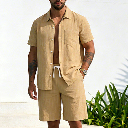 KZZ Men's Summer Striped Linen Shirt and Straight-Leg Shorts Set