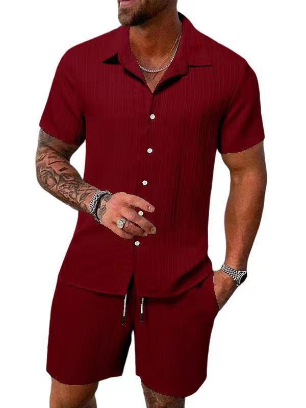 KZZ Men's Textured Crinkle Camping Shirt & Shorts Set