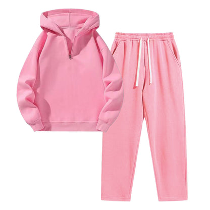 KZZ Men's solid color half zipper hooded casual pants two-piece set
