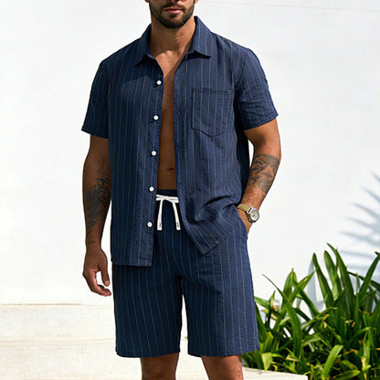 KZZ Men's Summer Striped Linen Shirt and Straight-Leg Shorts Set