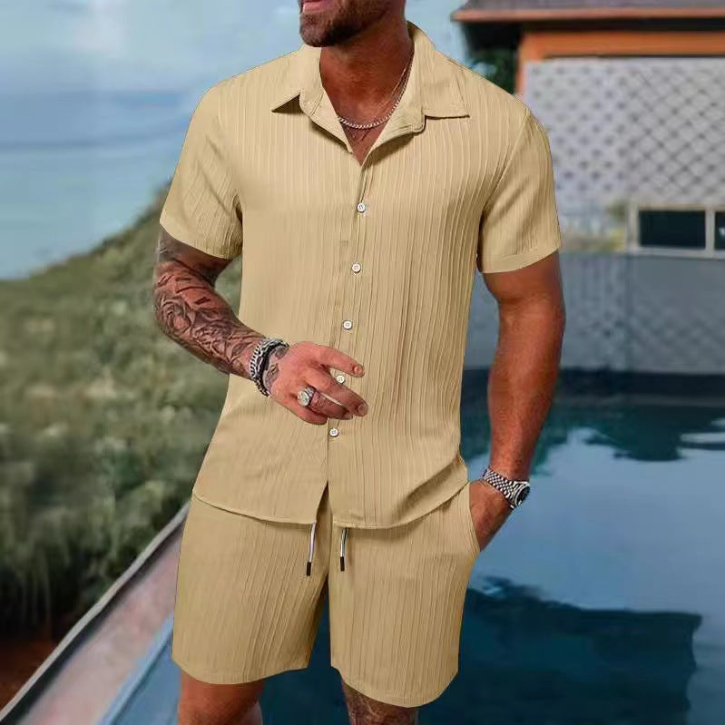KZZ Men's Textured Crinkle Camping Shirt & Shorts Set