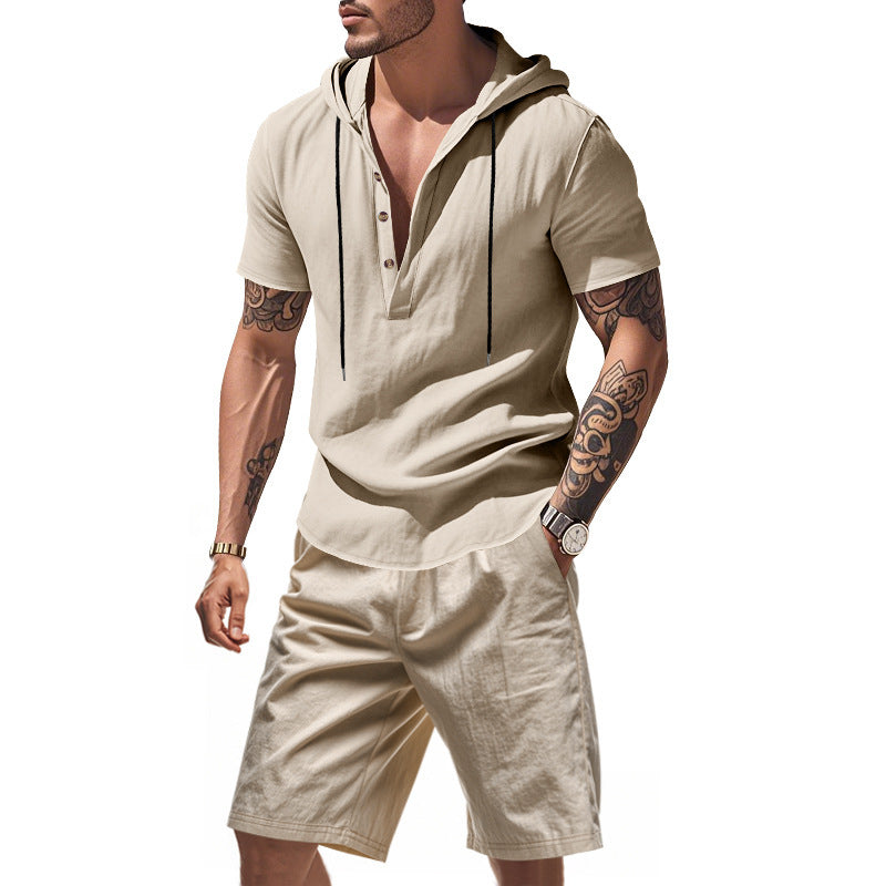 KZZ Men's Linen Hooded Two-Piece Set