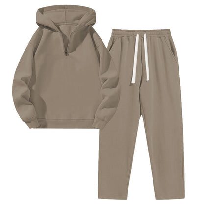 KZZ Men's solid color half zipper hooded casual pants two-piece set